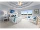 Bright bedroom with a wicker bed, lake view, and decorative ceiling at 249 Blue Heron Dr, Rock Hill, SC 29732