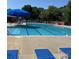 Community pool with blue umbrellas and lounge chairs in a lush, green setting with serene blue water at 9138 Babbitt Way, Charlotte, NC 28216