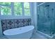 Elegant bathroom showcasing a soaking tub, patterned tile, and a walk-in shower with a glass door at 315 Confederate St, Fort Mill, SC 29715