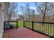 Wood deck looking out to the backyard surrounded by lush greenery and mature trees at 106 Biltmore Ave, China Grove, NC 28023