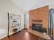 Close up on living room brick fireplace and shelving at 2727 Tiergarten Ln, Charlotte, NC 28210