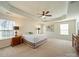 Bright main bedroom featuring a tray ceiling, large windows, and neutral carpeting at 3628 Benseval Ln, Matthews, NC 28104