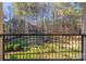 Lush backyard view through a wrought iron decorative fence at 4893 River Hills Dr, Denver, NC 28037