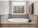 Oversized soaking tub with tiled backsplash and view of nature outside the window at 4893 River Hills Dr, Denver, NC 28037