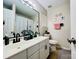 Well-lit bathroom featuring a double sink vanity, large mirror, and decorative accents at 7204 Cranswick Pl, Charlotte, NC 28227
