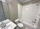 Bathroom with white subway tile in the shower and a modern vanity at 11005 Cobb Creek Ct, Charlotte, NC 28277