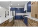 Modern kitchen featuring navy and wood cabinets, stainless steel appliances, and a farmhouse sink at 119 Mills Garden Rd, Statesville, NC 28625