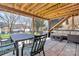 Covered outdoor patio with dining and lounge area, perfect for enjoying lakeside views at 126 Anchor Ln, Troutman, NC 28166