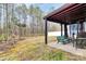 Relax on the covered patio featuring backyard views, comfortable seating, and overhead lighting at 16138 Aryshire Green Ct, Charlotte, NC 28273