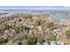Expansive aerial view of a lakeside community showcasing homes nestled among trees at 20016 Walter Henderson Rd, Cornelius, NC 28031