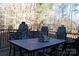 Inviting patio area with wrought iron table and chairs perfect for outdoor dining and entertaining amidst a scenic wooded backdrop at 522 Sarazen Way, Salisbury, NC 28144