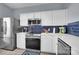 Well-equipped kitchen with stainless steel appliances, white cabinets, and striking blue backsplash at 6738 Rothchild Dr, Charlotte, NC 28270