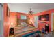 Bedroom with a colorful quilt, wooden headboard, matching nightstands, orange walls and a TV at 3714 Conway Ave, Charlotte, NC 28209