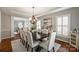 Elegant dining room with chandelier lighting, wainscoting, and ample space for entertaining at 9627 Baileywick Rd, Charlotte, NC 28277