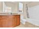 Bright bathroom featuring tile floors, granite countertop vanity, and shower with curtain at 982 Old Trace Nw Rd, Concord, NC 28027