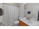 Bright bathroom with modern fixtures and patterned shower curtain at 109 Stirling Heights Ln, Fort Mill, SC 29715