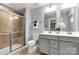 Modern bathroom featuring double sinks, sleek gray cabinetry, and a glass-enclosed shower at 143 Commerce Blvd, Lancaster, SC 29720
