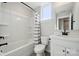 Bathroom with shower-tub combo, toilet, and vanity with sink at 2132 Electric Ln, Charlotte, NC 28205