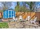 Charming backyard featuring a blue storage shed, gravel fire pit area, and Adirondack-style chairs for outdoor enjoyment at 2911 N Myers St, Charlotte, NC 28205