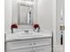 Well lit bathroom featuring marble countertops, white cabinets, and red flowers at 3643 Melrose Cottage Dr, Matthews, NC 28105