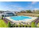 An aerial view of the community pool highlights the lounge seating, splash pad and adjacent community center at 7133 Yardley St, Gastonia, NC 28056