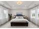 The bedroom features a tray ceiling, neutral decor, a large bed, and soft natural light from the windows at 12202 Anne Blount Aly, Davidson, NC 28036
