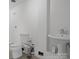 White bathroom featuring a toilet, sink, and shower fixtures at 14723 Sapphire Ln, Pineville, NC 28134