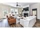 Cozy living room with fireplace, large windows, hardwood floors and comfortable seating at 15140 Rocky Bluff Loop, Davidson, NC 28036