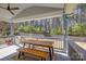 Covered porch with seating and dining area overlooking the backyard landscape at 17609 Caddy Ct, Charlotte, NC 28278