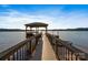 Long wooden dock on the water with a covered gazebo, boat slip and serene lake views at 208 Woodwinds Dr, Mount Holly, NC 28120