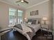 Well-lit bedroom with dark hardwood floors, side tables, a large window, and a modern ceiling fan at 231 Uptown West Dr, Charlotte, NC 28208