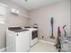 Functional laundry room with washer, dryer, and storage shelving at 19113 Hawk Haven Ln, Charlotte, NC 28278