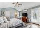 Bright bedroom with a vaulted ceiling, a bed with white linens, and a ceiling fan at 2727 Hilliard Dr, Charlotte, NC 28205
