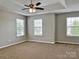 Spacious primary bedroom featuring neutral carpet, a ceiling fan, and three bright windows at 12044 Brownestone View Dr, Charlotte, NC 28269