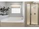 Bright bathroom with a soaking tub, walk-in shower, and window at 1246 Rising Oak Dr, Charlotte, NC 28206