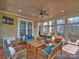 Relaxing screened-in patio featuring wood furniture, plush blue cushions, and a ceiling fan for ultimate comfort at 1905 Summey Ave, Charlotte, NC 28205