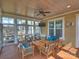 Relaxing screened-in patio featuring wood furniture, plush blue cushions, and a ceiling fan for ultimate comfort at 1905 Summey Ave, Charlotte, NC 28205