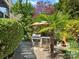 Backyard outdoor kitchen including built in grill, counter space, shade umbrella and tropical plants at 2907 Blackburn Dr, Waxhaw, NC 28173