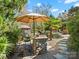 Outdoor kitchen area with a stone counter, built-in grill, shade umbrella, and bar stool seating at 2907 Blackburn Dr, Waxhaw, NC 28173