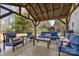Covered patio featuring blue cushioned seating and a wood planked roof at 8606 Chatsworth Ln, Waxhaw, NC 28173