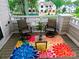Outdoor balcony with colorful floral rug, two chairs, and a small table with miniature citrus tree at 2719 Selwyn Ave # 6, Charlotte, NC 28209