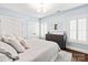 Cozy bedroom with soft blue walls, neutral bedding, and plantation shutters at 618 Bannerman Ln, Fort Mill, SC 29715