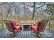 Cozy outdoor deck with red cushioned chairs and an outdoor fireplace at 6366 Sharon Hills Rd, Charlotte, NC 28210