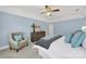 Relaxing bedroom featuring a sitting chair, blue walls, and soft natural light at 7224 St Clair Dr, Charlotte, NC 28270
