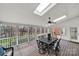 Inviting screened-in porch with skylights, ceiling fan, and a table, perfect for relaxing or entertaining outdoors at 7224 St Clair Dr, Charlotte, NC 28270