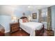 Cozy bedroom with hardwood floors, and a bed with bright, patterned pillows and floral curtains at 7300 Falkirk Pl, Charlotte, NC 28270