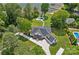 Stunning aerial view of a modern home with a pool and waterfront access with dock on a landscaped lot at 106 Beachview Dr, Mooresville, NC 28117