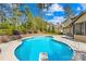 Backyard with beautiful in-ground pool, manicured landscaping, and privacy, perfect for outdoor entertaining at 113 Sandy Cove Ct, Mooresville, NC 28117