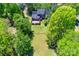 Aerial view of the property showcases a large backyard, mature trees, and the home's layout at 1774 Hwy 55 E Hwy, Clover, SC 29710