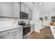 Modern kitchen featuring sleek gray cabinets, stainless steel appliances, and stylish subway tile backsplash at 2125 Tom Sadler Rd # 7159, Charlotte, NC 28214